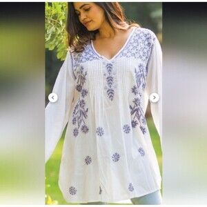 Sevya Handmade Embrodiered Cotton Tunic Women's Small Purple White Boho Coastal